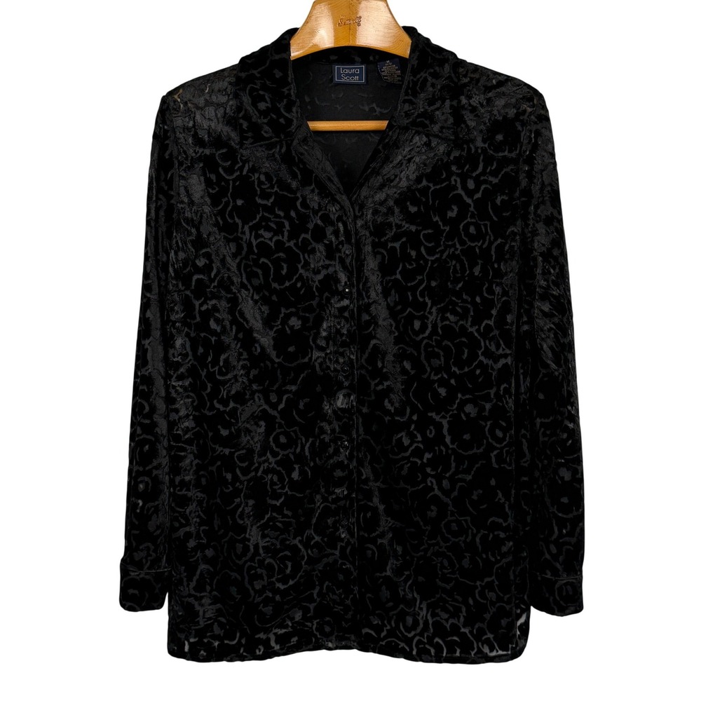 Laura Scott Black Floral Burnout Velvet Blouse Women's Medium Sheer Whimsigoth